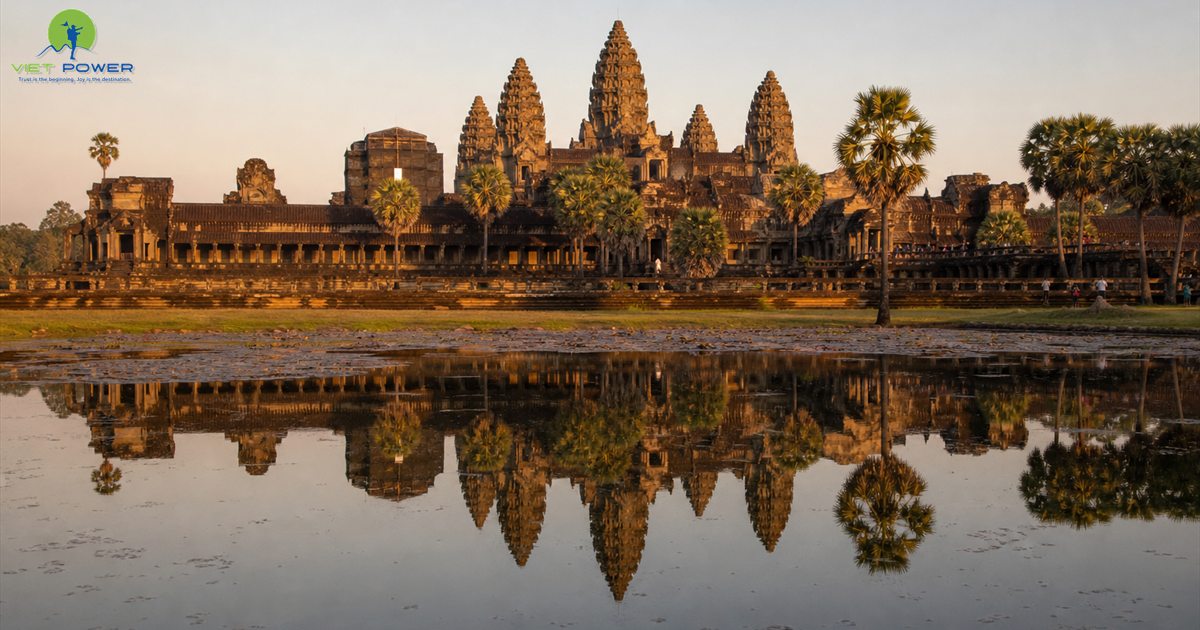 Angkor Wat reflected in a pond during Cambodia dry season