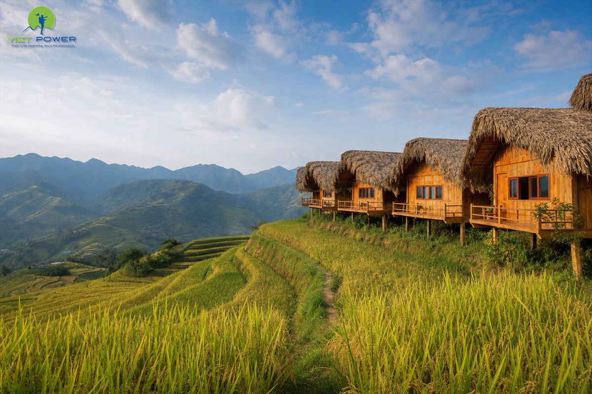 Wooden homestay overlooking golden rice terraces and mountains in Mu Cang Chai, Vietnam