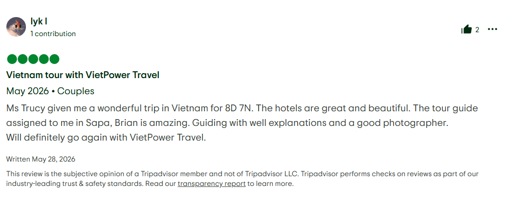 Five-star Tripadvisor review of Vietpower Travel Sapa guide service by lyk l in May 2026
