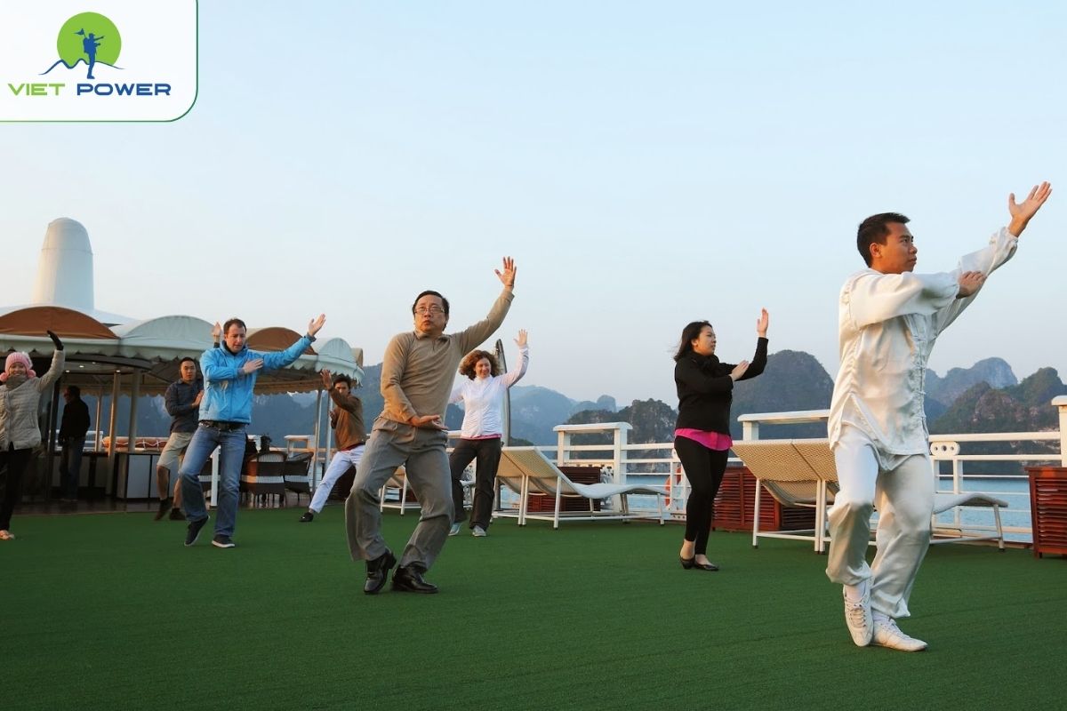 Tai Chi session on the sundeck.
