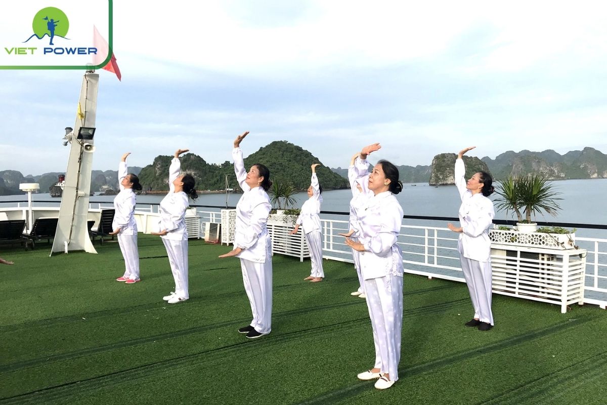 Morning Tai Chi session on the sundeck