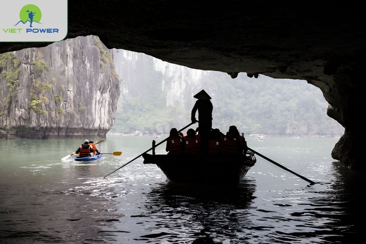 Riding a bamboo boat through Luon Cave